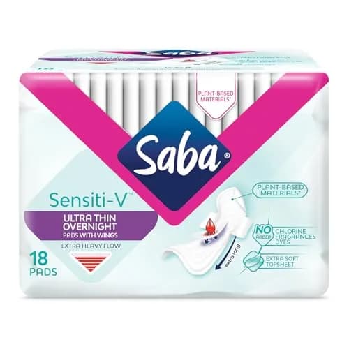 Saba Sensiti-V Ultra Thin Overnight Pads with Wings | Unscented, Sensitive Skin Friendly, 72 Pads thumbnail 1