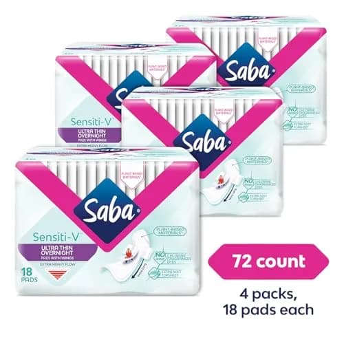Saba Sensiti-V Ultra Thin Overnight Pads with Wings | Unscented, Sensitive Skin Friendly, 72 Pads thumbnail 2