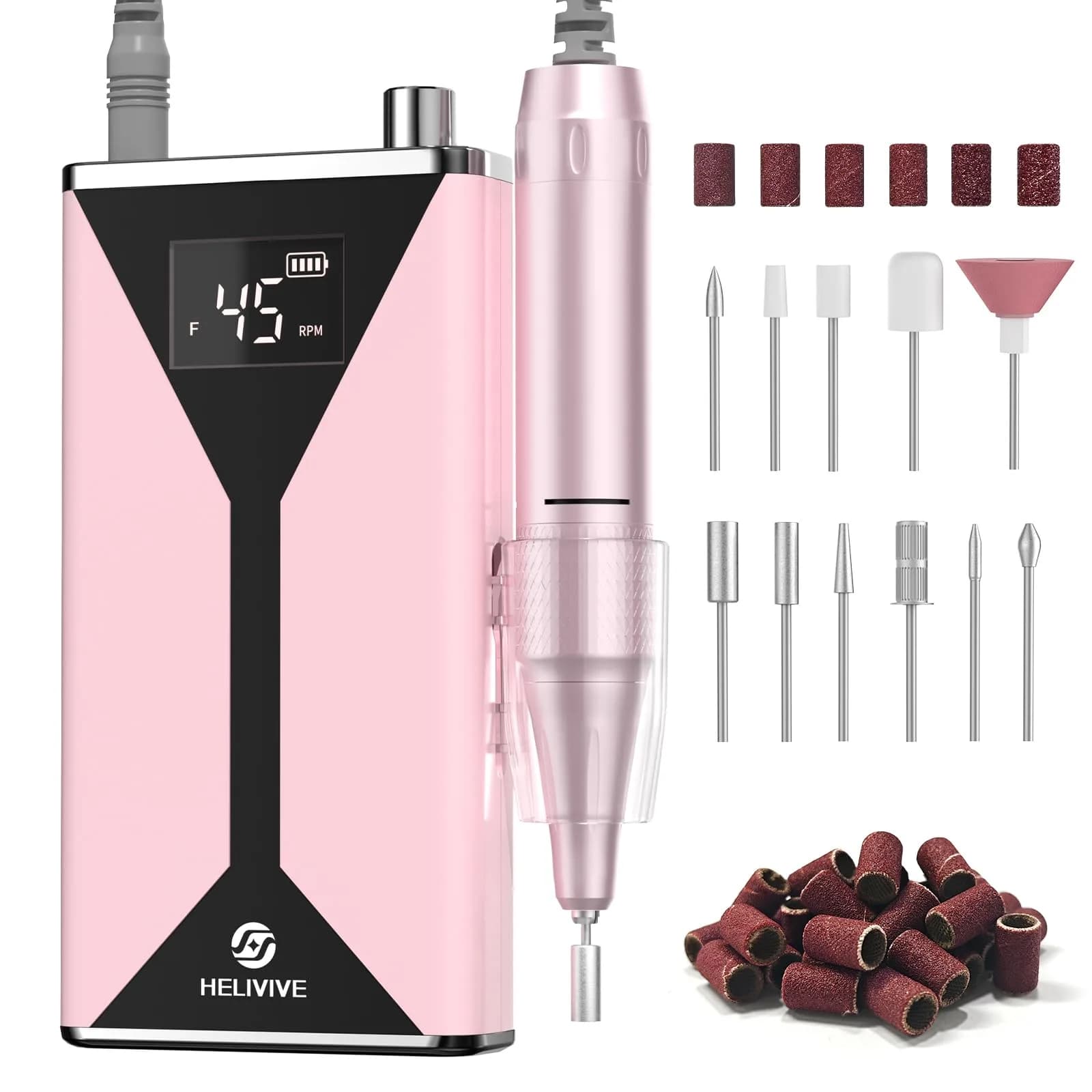 HELIVIVE Professional Electric Nail Drill 45000RPM Cordless Nail File | Portable & Rechargeable, 11 Drill Bits, for Shaping, Polishing & Removing Gel Nails for Salon Home (Pink) — Pink