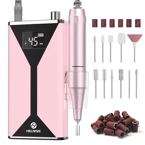 HELIVIVE Professional Electric Nail Drill 45000RPM Cordless Nail File | Portable & Rechargeable, 11 Drill Bits, for Shaping, Polishing & Removing Gel Nails for Salon Home (Pink) thumbnail 1