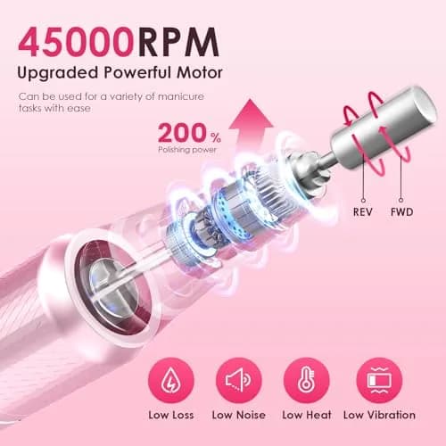 HELIVIVE Professional Electric Nail Drill 45000RPM Cordless Nail File | Portable & Rechargeable, 11 Drill Bits, for Shaping, Polishing & Removing Gel Nails for Salon Home (Pink) thumbnail 2
