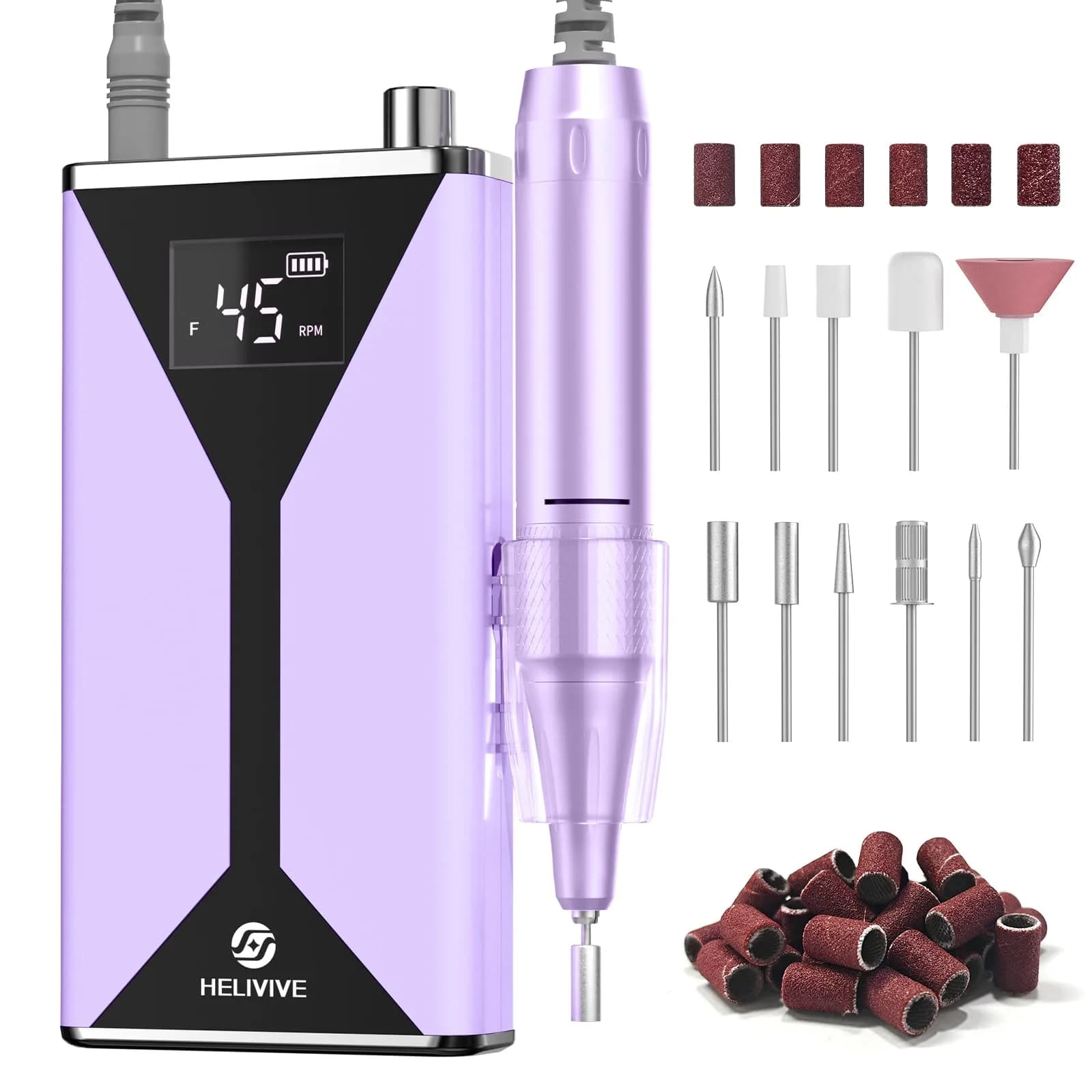 HELIVIVE Professional Electric Nail Drill 45000RPM Cordless Nail File | Portable & Rechargeable, 11 Drill Bits, for Shaping, Polishing & Removing Gel Nails for Salon Home (Pink) — Purple