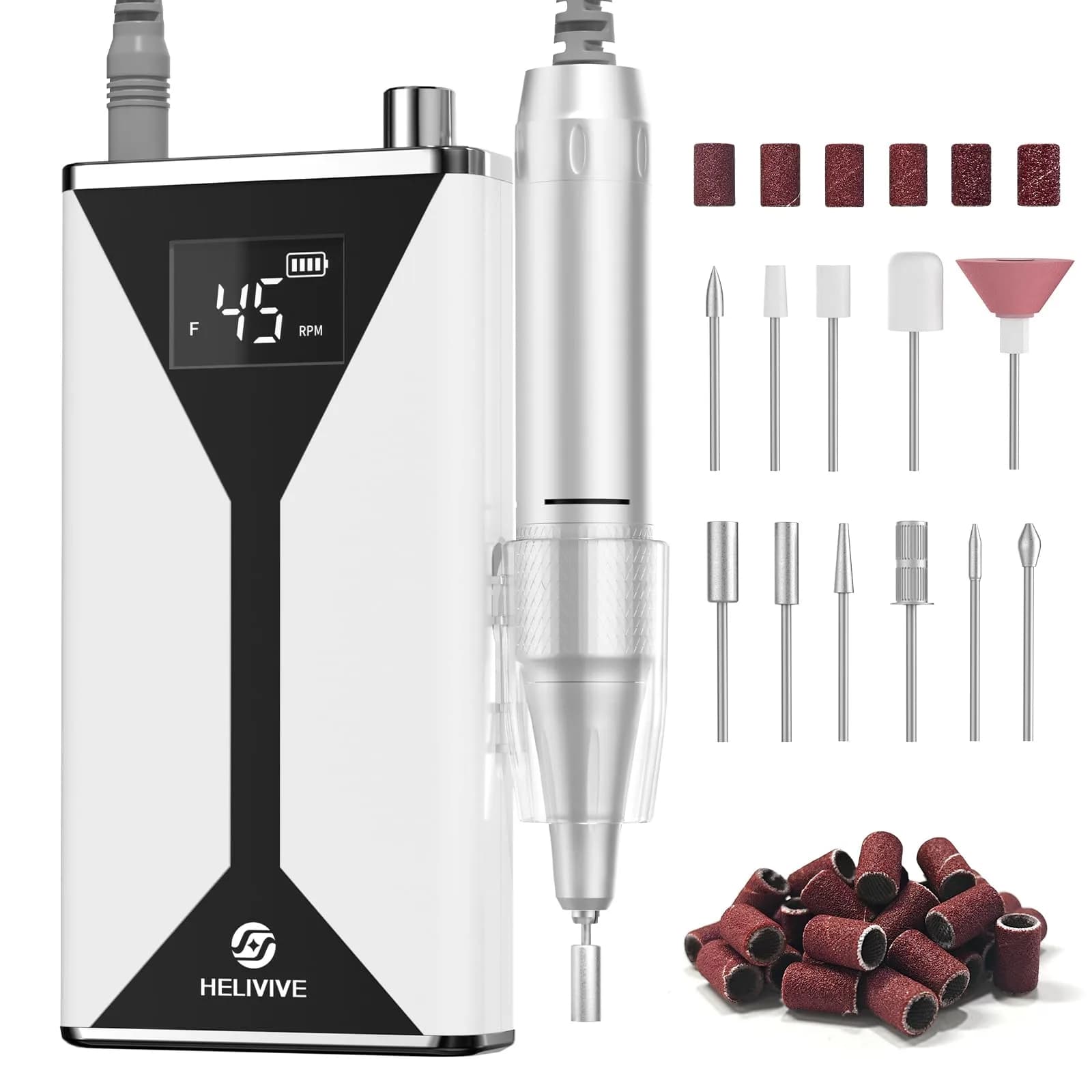 HELIVIVE Professional Electric Nail Drill 45000RPM Cordless Nail File | Portable & Rechargeable, 11 Drill Bits, for Shaping, Polishing & Removing Gel Nails for Salon Home (Pink) — White