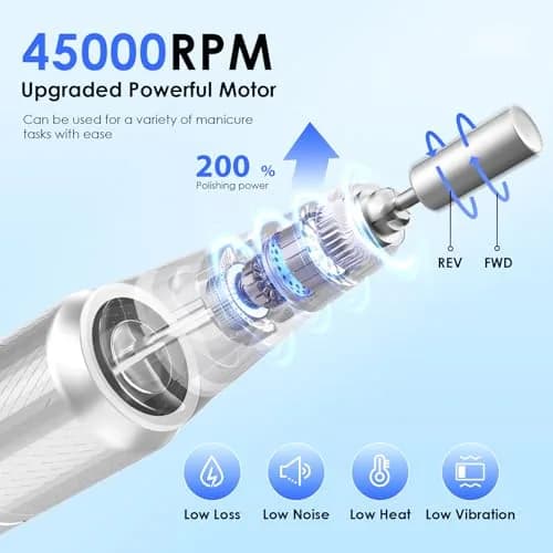HELIVIVE Professional Cordless Electric Nail Drill 45000RPM | Aluminum Alloy Motor, Type-C Charging, 8-10 Hr Battery thumbnail 2