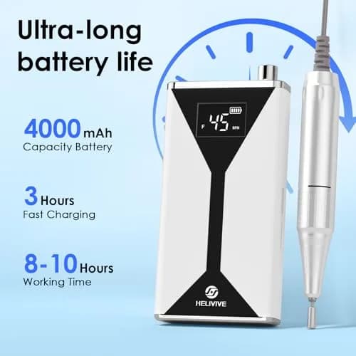 HELIVIVE Professional Cordless Electric Nail Drill 45000RPM | Aluminum Alloy Motor, Type-C Charging, 8-10 Hr Battery thumbnail 3