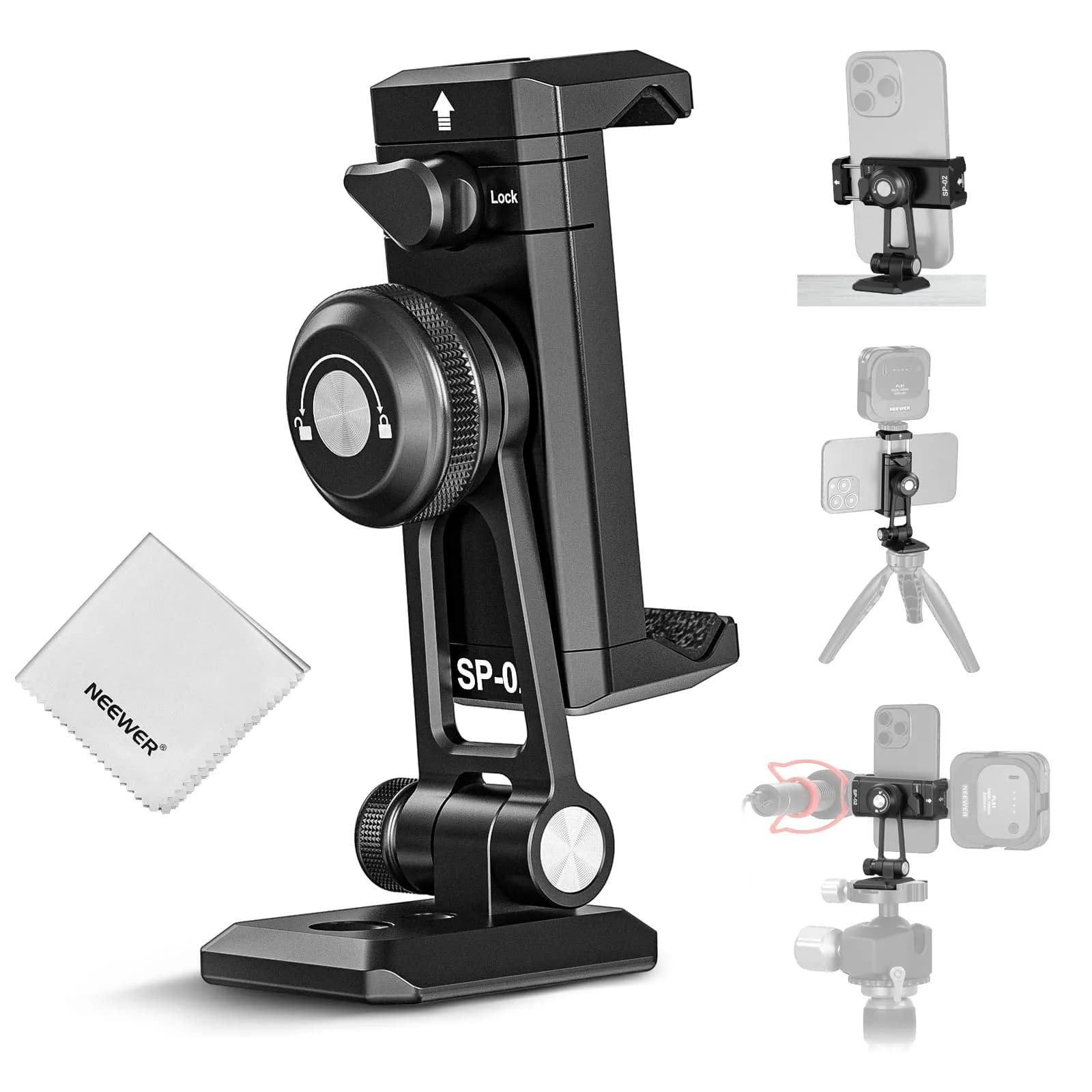 NEEWER SP-02 Phone Tripod Mount Adapter with Arca Type Plate 66-96mm | 360° Rotation, 180° Tilt, Aluminum, Black — SP-02