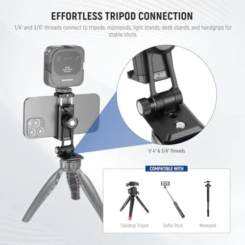 NEEWER SP-02 Phone Tripod Mount Adapter with Arca Type Plate 66-96mm | 360° Rotation, 180° Tilt, Aluminum, Black thumbnail 6