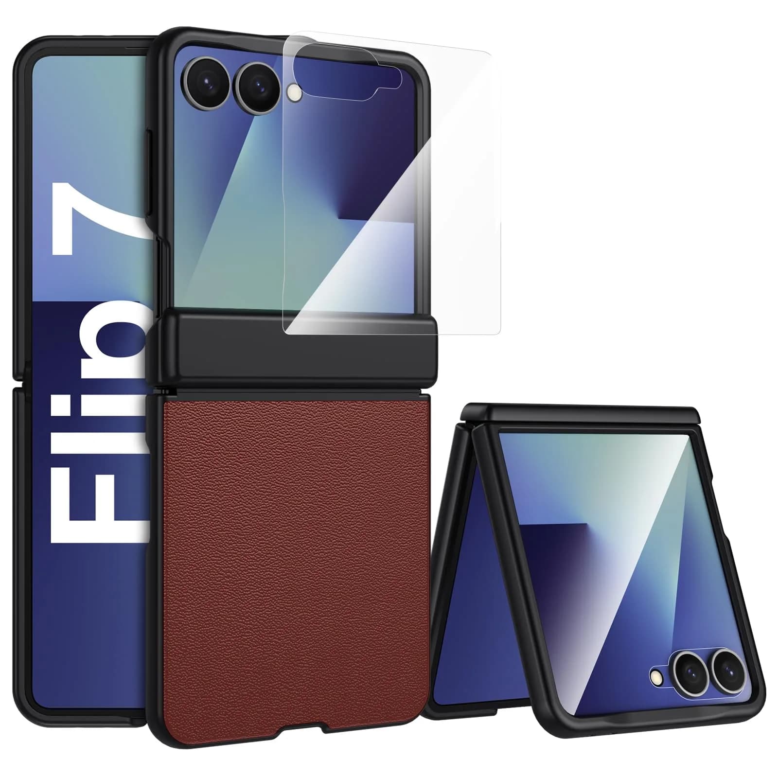spoovcto Military-Grade Protection Case for Samsung Galaxy Z Flip 6 & Flip 7 FE with Hinge Protection & Screen Protector (Dark Blue) — Brown / Flip 7 Leather Case