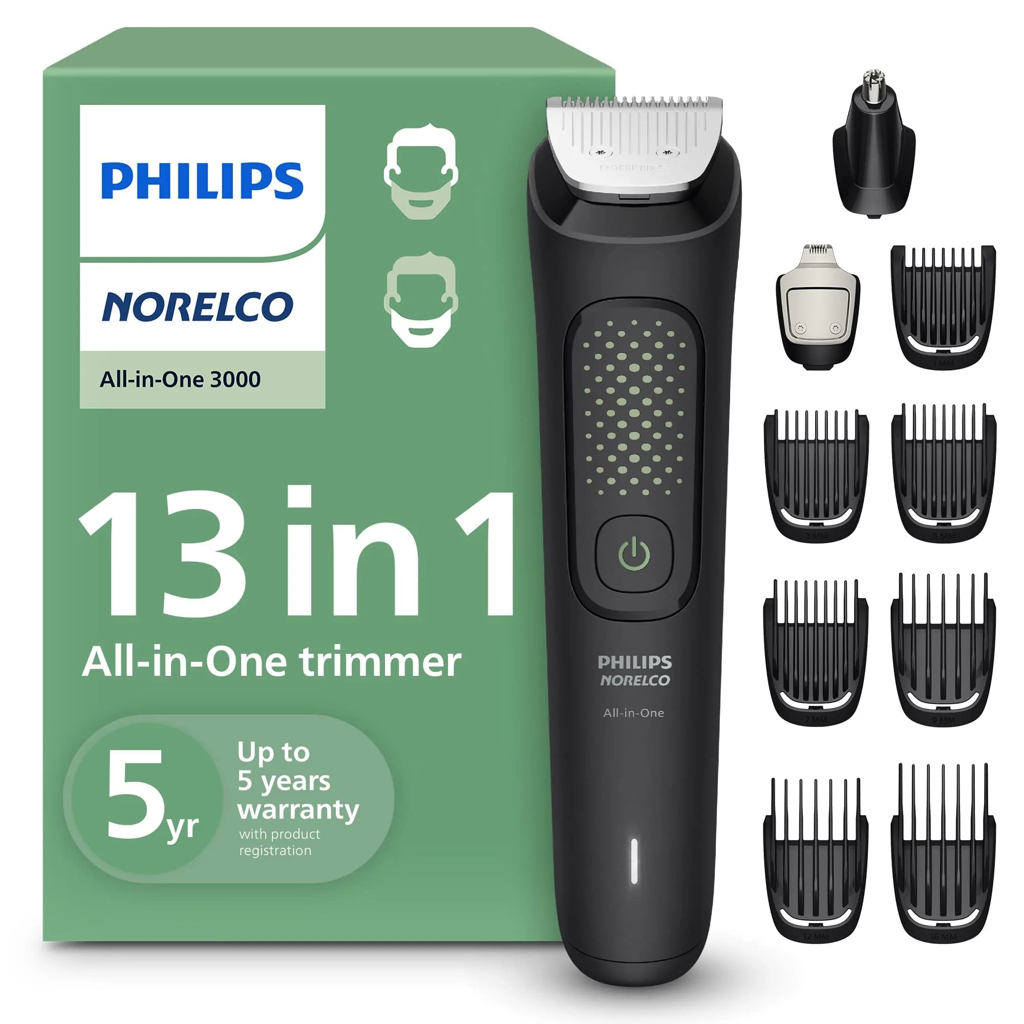 Philips Norelco All-in-One 3000 Beard Trimmer 16mm (0.63in) | 13-in-1 Grooming Kit with Steel Blades
