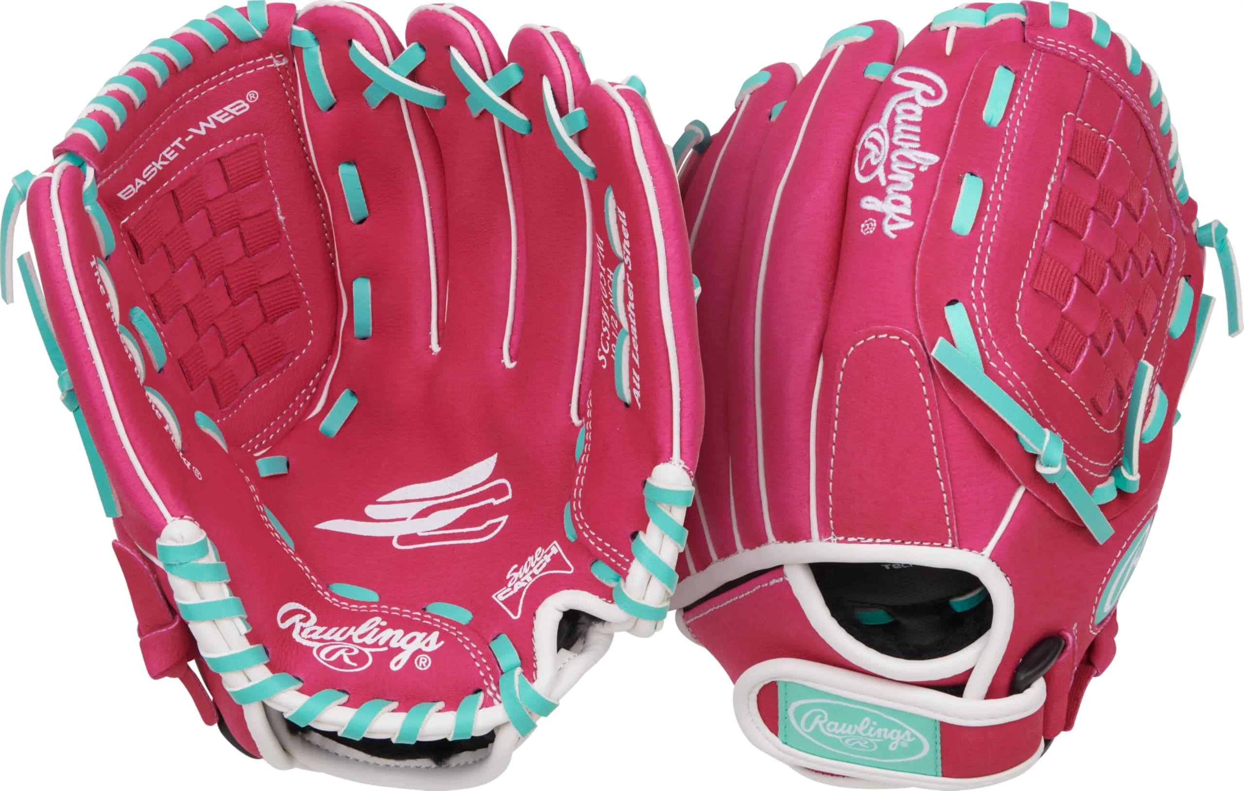 Rawlings Sure Catch Youth Series Softball Glove 11.5" (29.21 cm) Right Hand Throw | Easy Close for Young Players — 10.5 Inch Pink/Mint