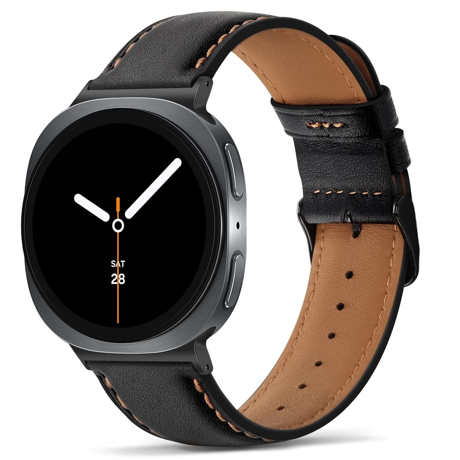 Tasikar Leather Watch Band Compatible with Samsung Galaxy Watch 9 8 40mm 44mm/8 Classic 46mm, Black | Genuine Leather Strap with Polished Black Stainless Steel Clasp — Black
