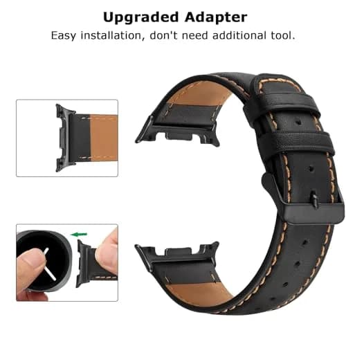 Tasikar Leather Watch Band Compatible with Samsung Galaxy Watch 9 8 40mm 44mm/8 Classic 46mm, Black | Genuine Leather Strap with Polished Black Stainless Steel Clasp thumbnail 4