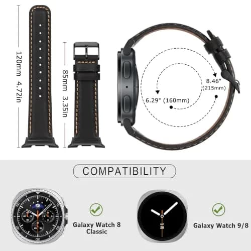 Tasikar Leather Watch Band Compatible with Samsung Galaxy Watch 9 8 40mm 44mm/8 Classic 46mm, Black | Genuine Leather Strap with Polished Black Stainless Steel Clasp thumbnail 5