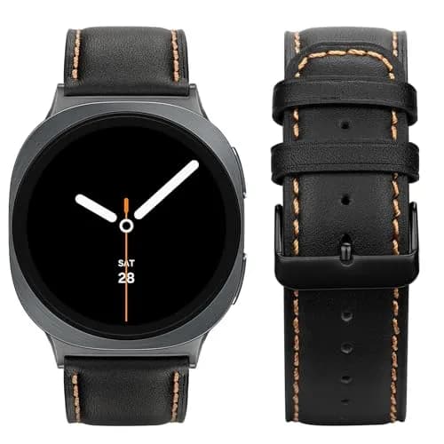 Tasikar Leather Watch Band Compatible with Samsung Galaxy Watch 9 8 40mm 44mm/8 Classic 46mm, Black | Genuine Leather Strap with Polished Black Stainless Steel Clasp thumbnail 3