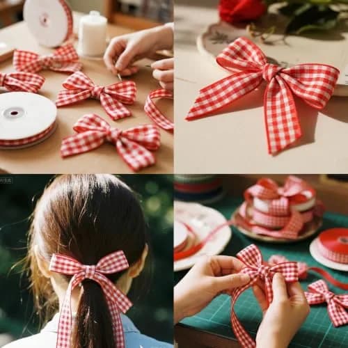 QingHan Red and White Gingham Ribbon 1.59 cm (5/8 Inch) 22.86 m (25 Yards) | Classic Pattern for Crafts & Gift Wrapping thumbnail 5