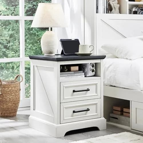 ACCOHOHO 18" Farmhouse Nightstand Set of 2 | Antique White with Charging Station, 18"L x 18"D x 24"H thumbnail 2