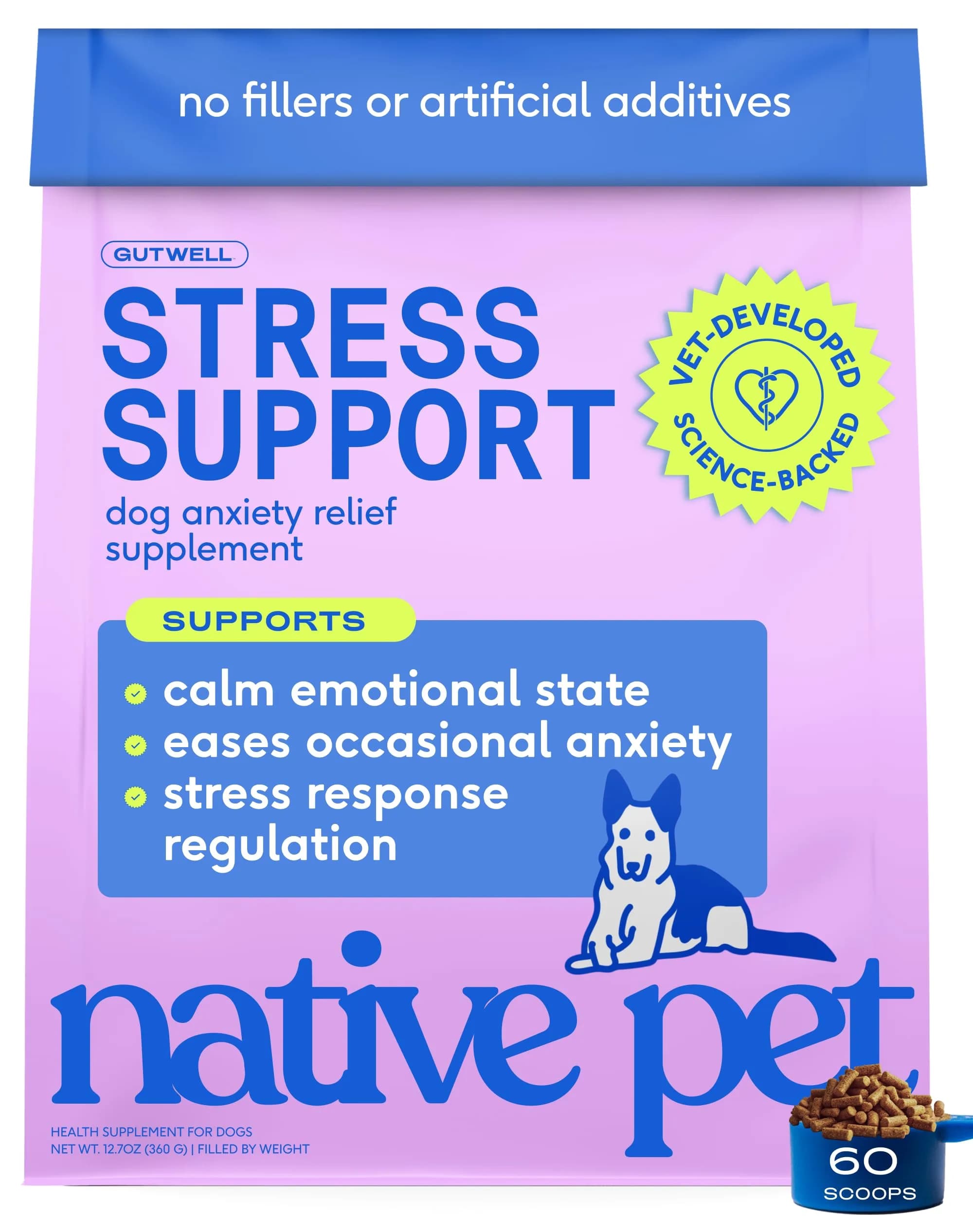 Native Pet GutWell Stress Support Dog Anxiety Relief Supplement 60 Scoops | Vet-Formulated Triple-Biotic & Magnesium Powder