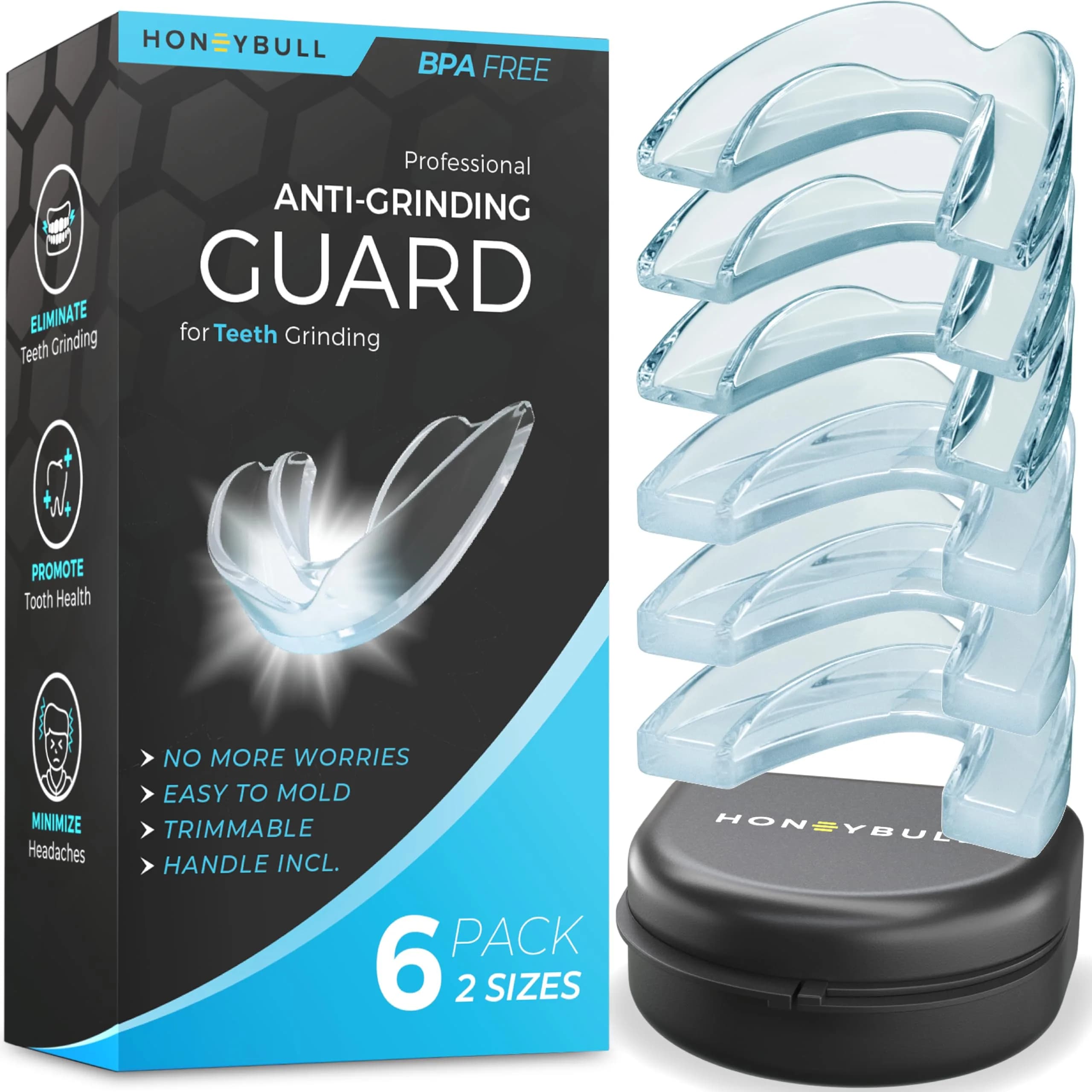 HONEYBULL Custom Moldable Night Guards 6 Pack (Thin & Thick) | Boil and Bite for Teeth Grinding — Clear