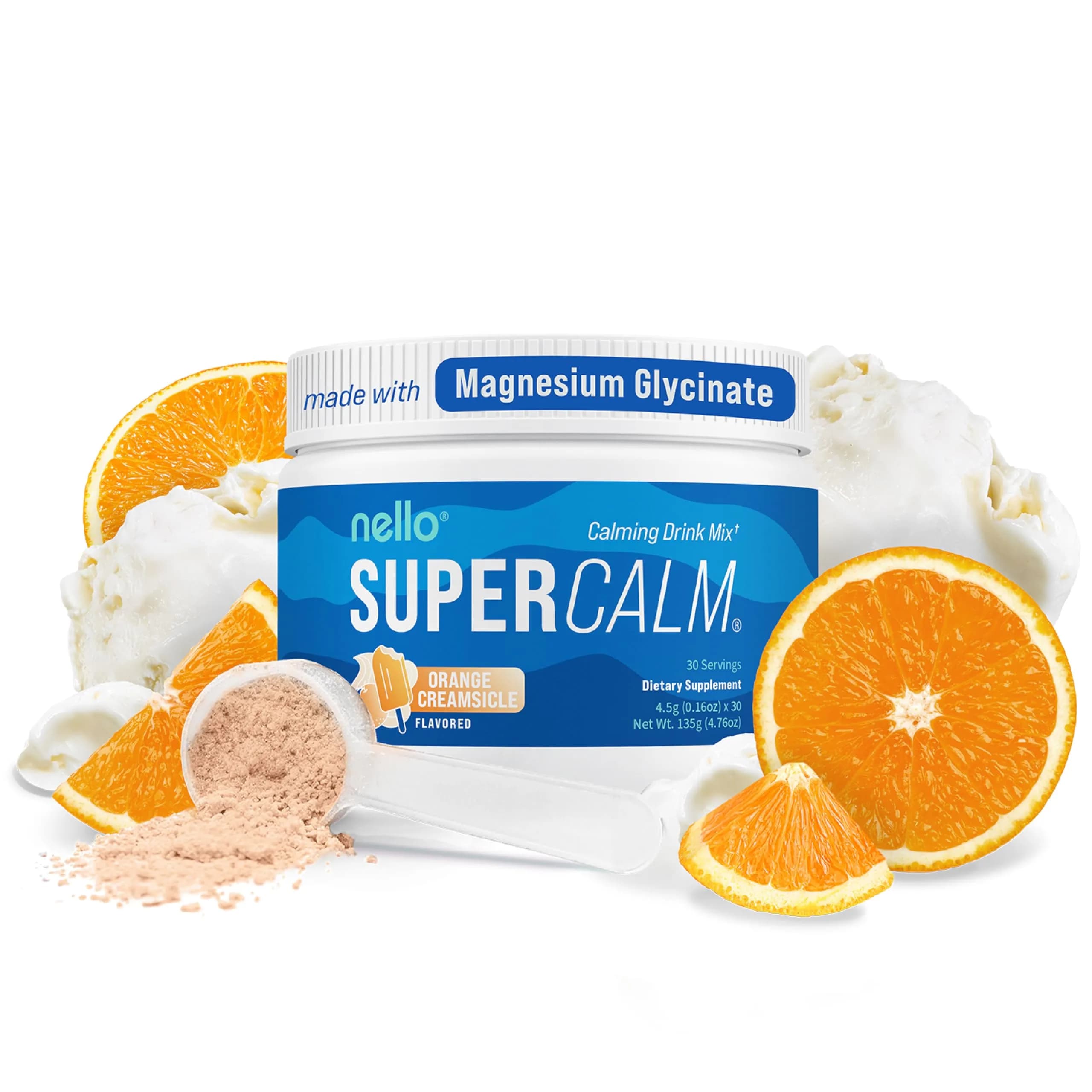 Nello Supercalm Powdered Drink Mix Tub, Cortisol Reducer & Sleep Aid Supplement, L-Theanine, KSM-66 Ashwagandha, Magnesium Glycinate, Vitamin D3, 30 Servings, Orange Creamsicle