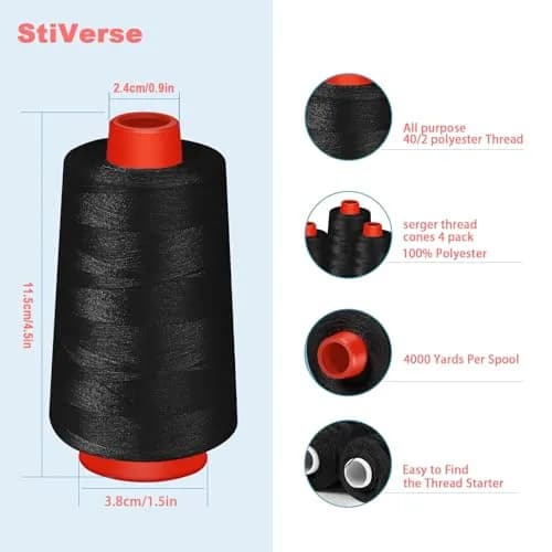 AOFITOA Black Sewing Thread 4 Pack | 40S/2, 24000Y, Durable Polyester for Serger & Machine thumbnail 2