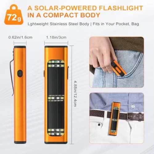 Ciwuzxs Solar Rechargeable EDC Flat Flashlight Orange | 900 Lumens, 200-300m Beam, Type-C Charging thumbnail 6