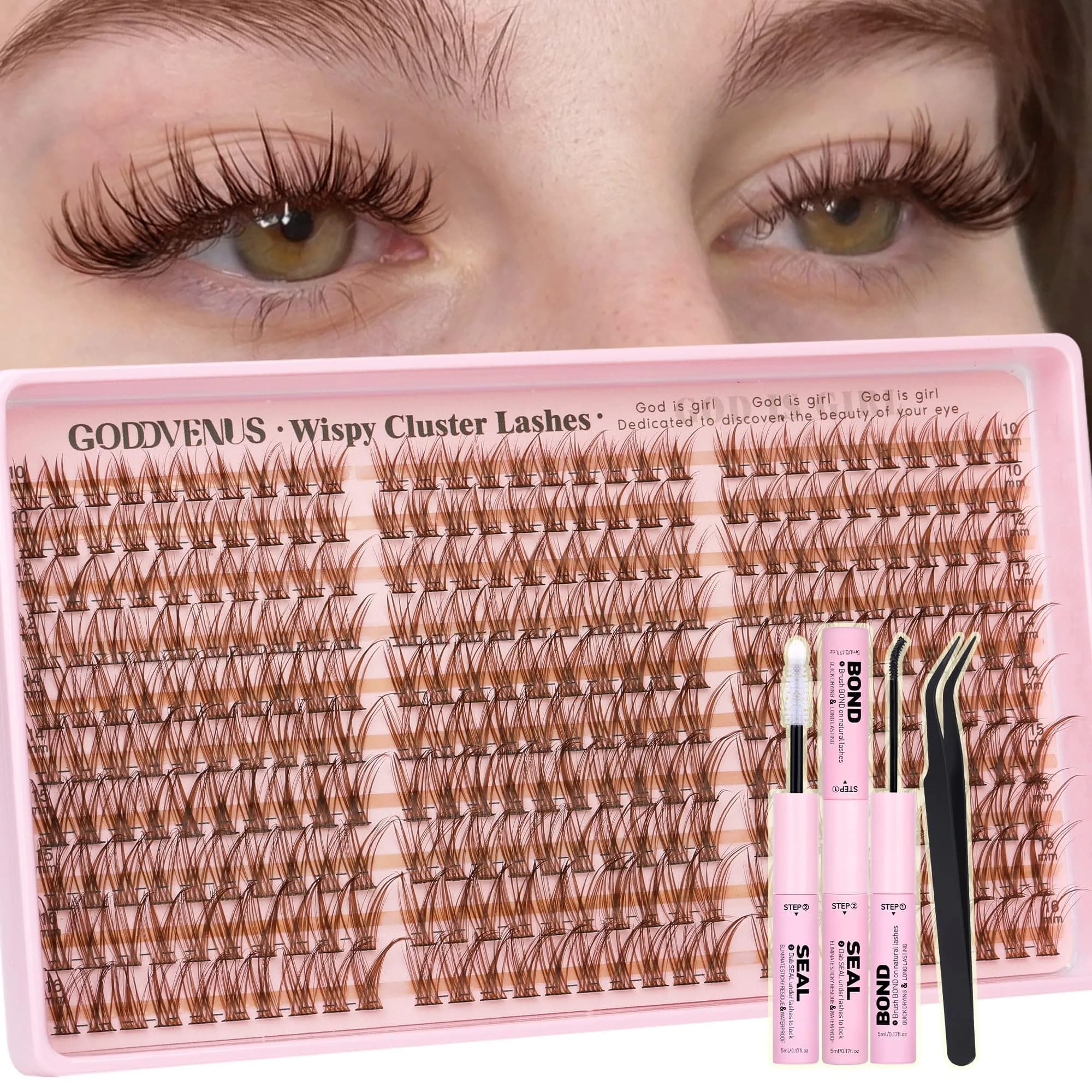 Goddvenus Brown Lash Clusters Kit 300Pcs | Natural Soft Texture C Curl Individual Lashes 10-16mm