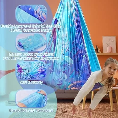 Heyfriday Sensory Swing for Kids & Adults | Double Layer Therapy Cuddle Swing, Holds up to 300lbs, Adjustable, Indoor & Outdoor, Cerulean thumbnail 2