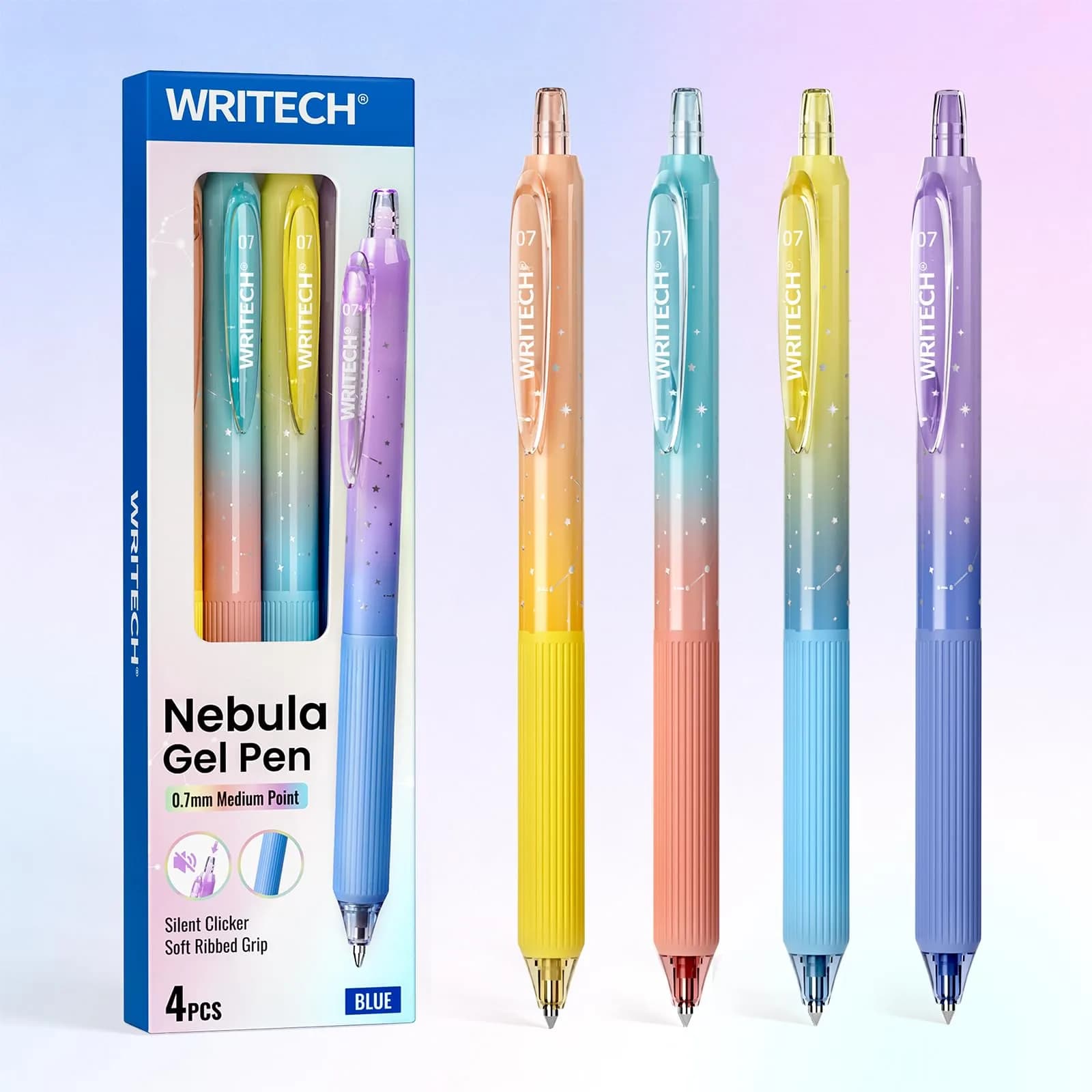 WRITECH Nebula Gel Pens 4ct Blue Ink | Smooth Writing, Silent Click, Aesthetic Gradient Barrel - main product image