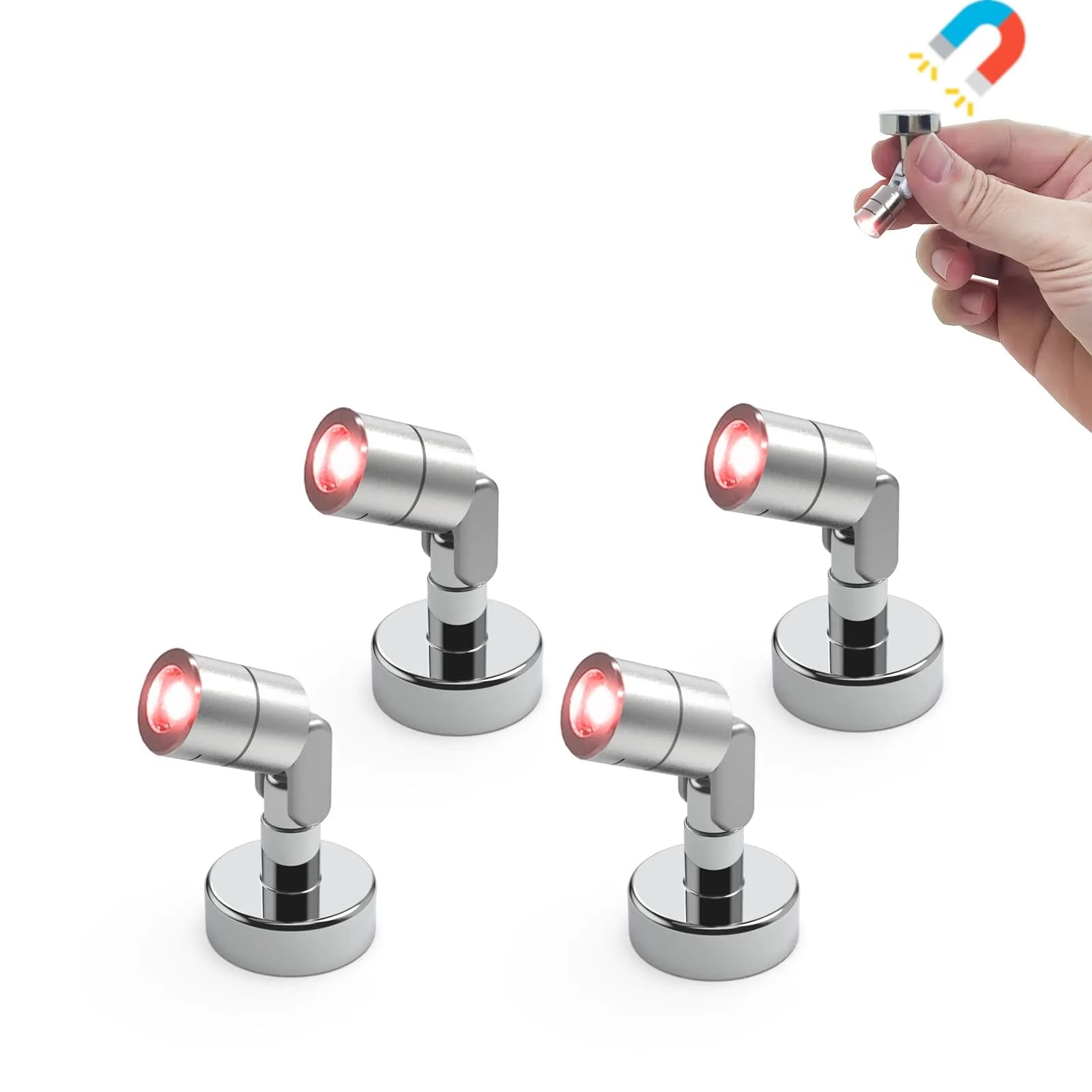 SUZEYAR Miniature LED Light 4 Pack | Battery Operated, Wireless, Magnet Base, Cool White — Red