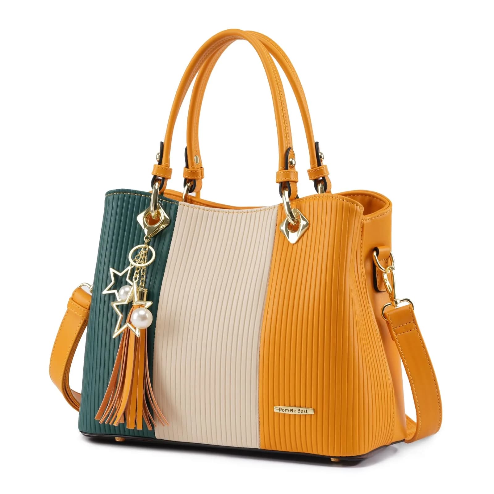 Pomelo Best Top-Handle Handbag for Women with Multiple Pockets | Stylish & Spacious — Green/Warm White/Yellow