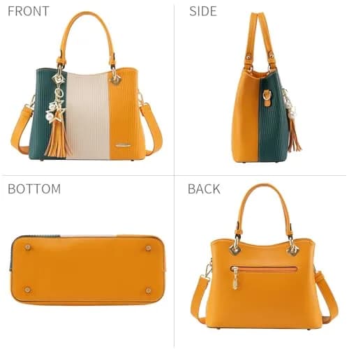 Pomelo Best Women's Satchel Handbag with Top Handle & Detachable Strap, Green/Warm White/Yellow, 30cm (11.8") | 8 Internal Pockets thumbnail 7