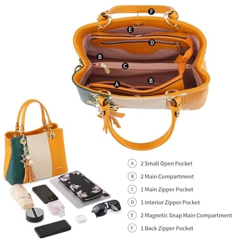 Pomelo Best Women's Satchel Handbag with Top Handle & Detachable Strap, Green/Warm White/Yellow, 30cm (11.8") | 8 Internal Pockets thumbnail 3