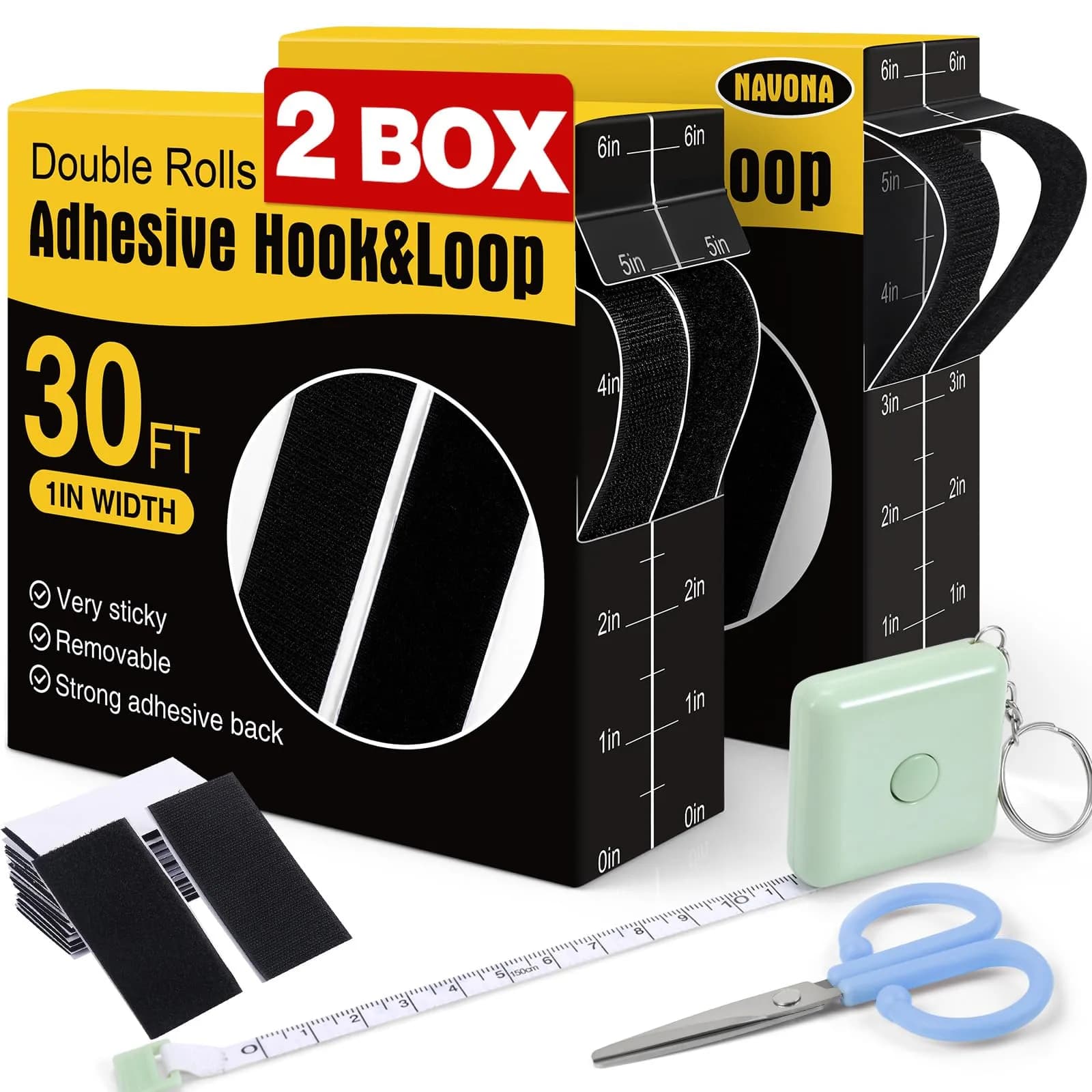 Navona Heavy Duty Hook and Loop Strips with Adhesive, 60ft Total x 1 Inch Black | Strong Nylon Fastener Tape