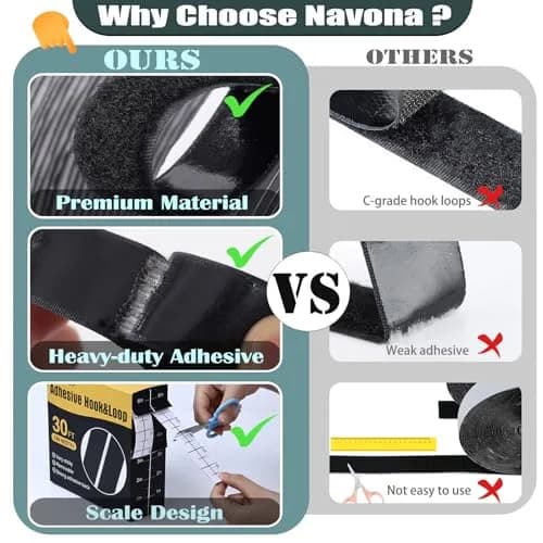 Navona Heavy Duty Hook and Loop Strips with Adhesive, 60ft Total x 1 Inch Black | Strong Nylon Fastener Tape thumbnail 6