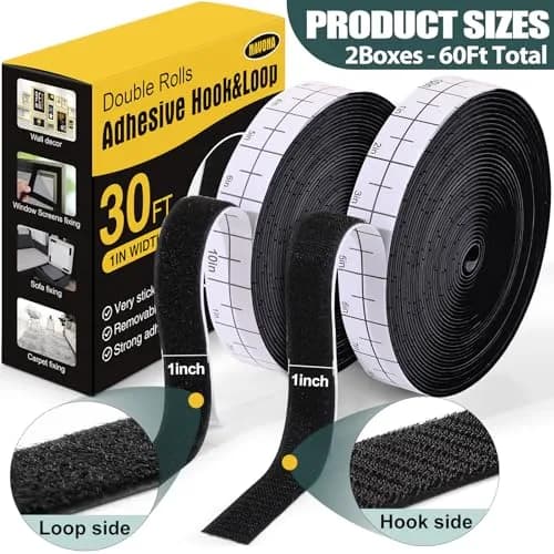 Navona Heavy Duty Hook and Loop Strips with Adhesive, 60ft Total x 1 Inch Black | Strong Nylon Fastener Tape thumbnail 2