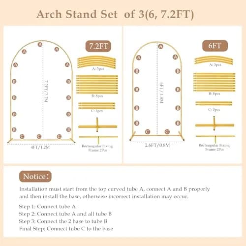 Nisoger 2 Pack Metal Arch Backdrop Stand 2.2m (7.2 ft) & 1.8m (6 ft) Gold Balloon Arbor Frame | Heavy Duty Wedding Party Decor thumbnail 8