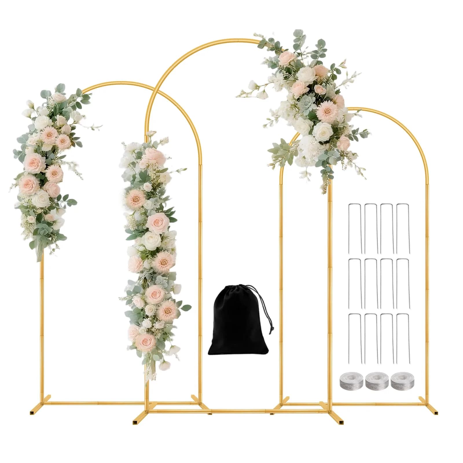 Nisoger 2 Pack Metal Arch Backdrop Stand 2.2m (7.2 ft) & 1.8m (6 ft) Gold Balloon Arbor Frame | Heavy Duty Wedding Party Decor — Gold