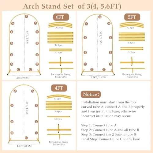 Nisoger 3 Pack Metal Arch Backdrop Stand Set (6 ft, 5 ft, 4 ft) Gold Balloon Arbor Frame | Heavy Duty Wedding Party Decor thumbnail 9