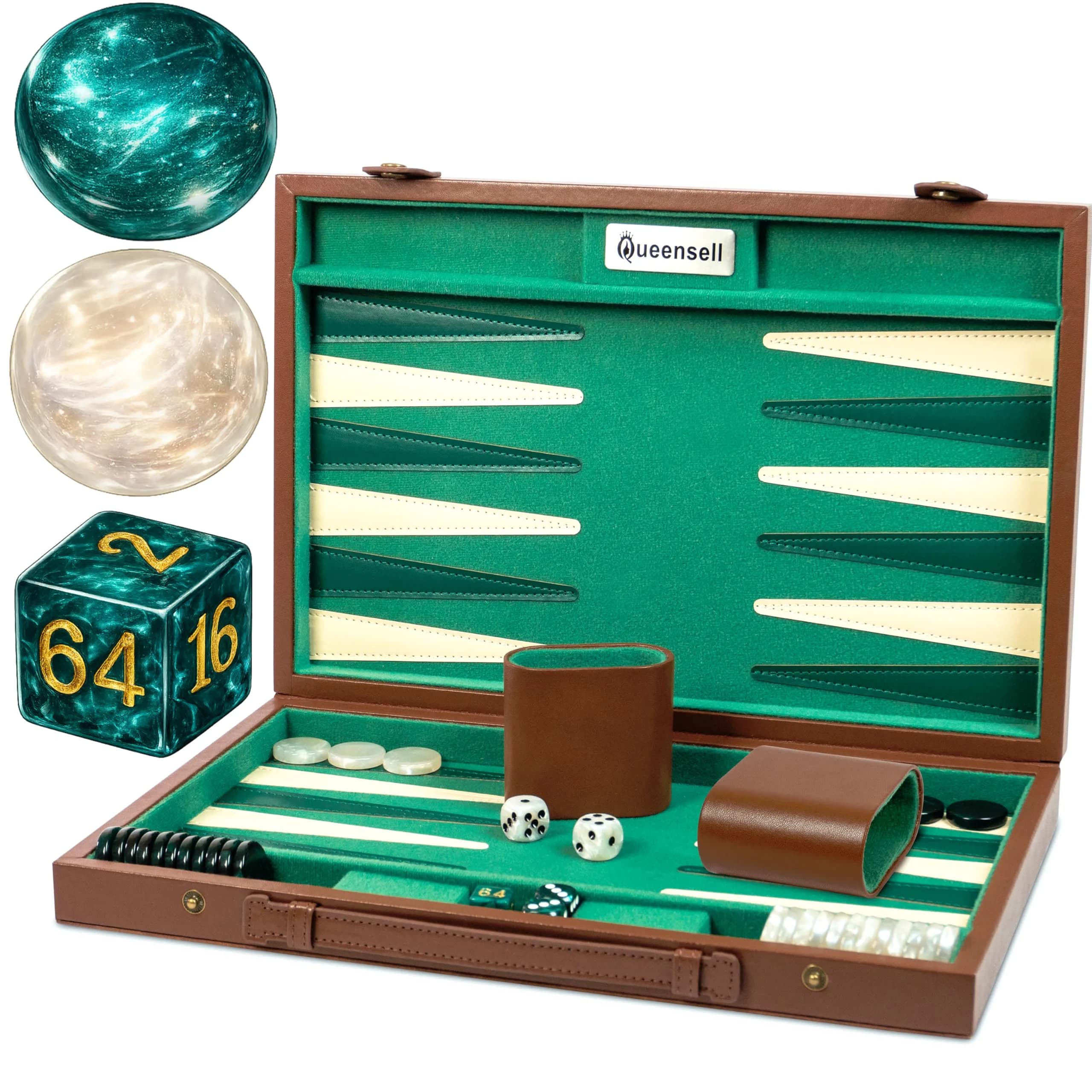 Queensell Large Black Backgammon Set 38.1 cm (15 Inch) | Classic Strategy Board Game for 2 Players — Premium Green