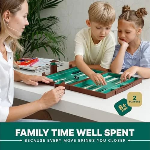 Queensell 15 Inch Backgammon Set for Adults – Premium Faux Suede Leather Board Game with 32 Chips, Dice Cups & Doubling Cube | Educational Strategy Game thumbnail 4