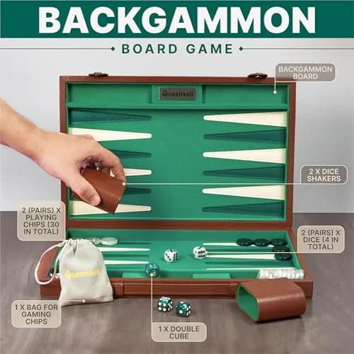 Queensell 15 Inch Backgammon Set for Adults – Premium Faux Suede Leather Board Game with 32 Chips, Dice Cups & Doubling Cube | Educational Strategy Game thumbnail 5