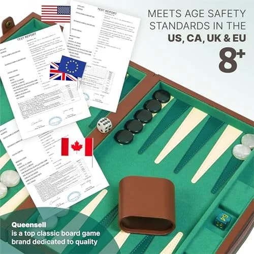 Queensell 15 Inch Backgammon Set for Adults – Premium Faux Suede Leather Board Game with 32 Chips, Dice Cups & Doubling Cube | Educational Strategy Game thumbnail 8