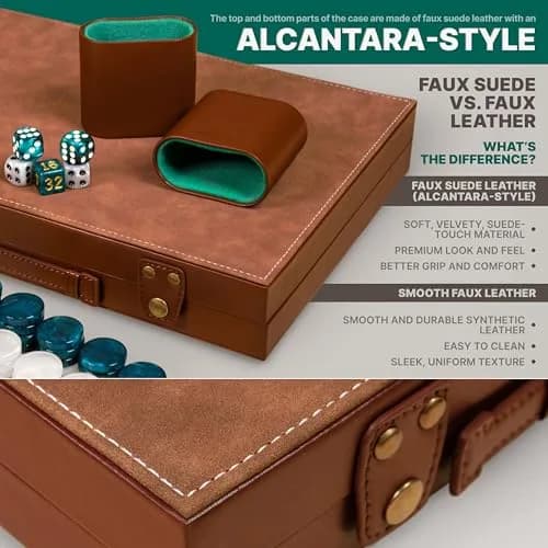 Queensell 15 Inch Backgammon Set for Adults – Premium Faux Suede Leather Board Game with 32 Chips, Dice Cups & Doubling Cube | Educational Strategy Game thumbnail 2