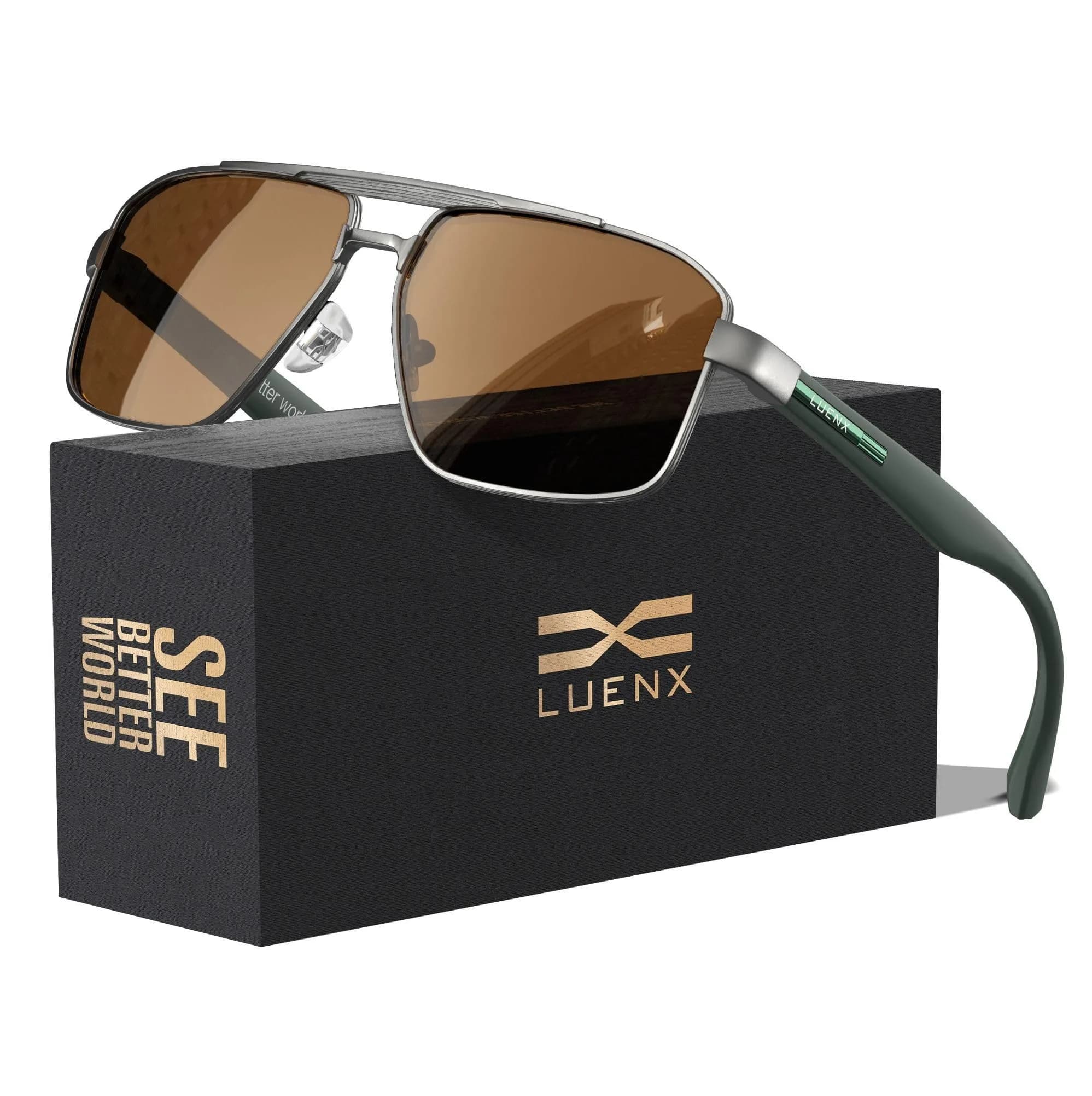Luenx Polarized Aviator Sunglasses for Men & Women | 60mm Square UV400 Driving — Brown Lens/Gunmetal Frame