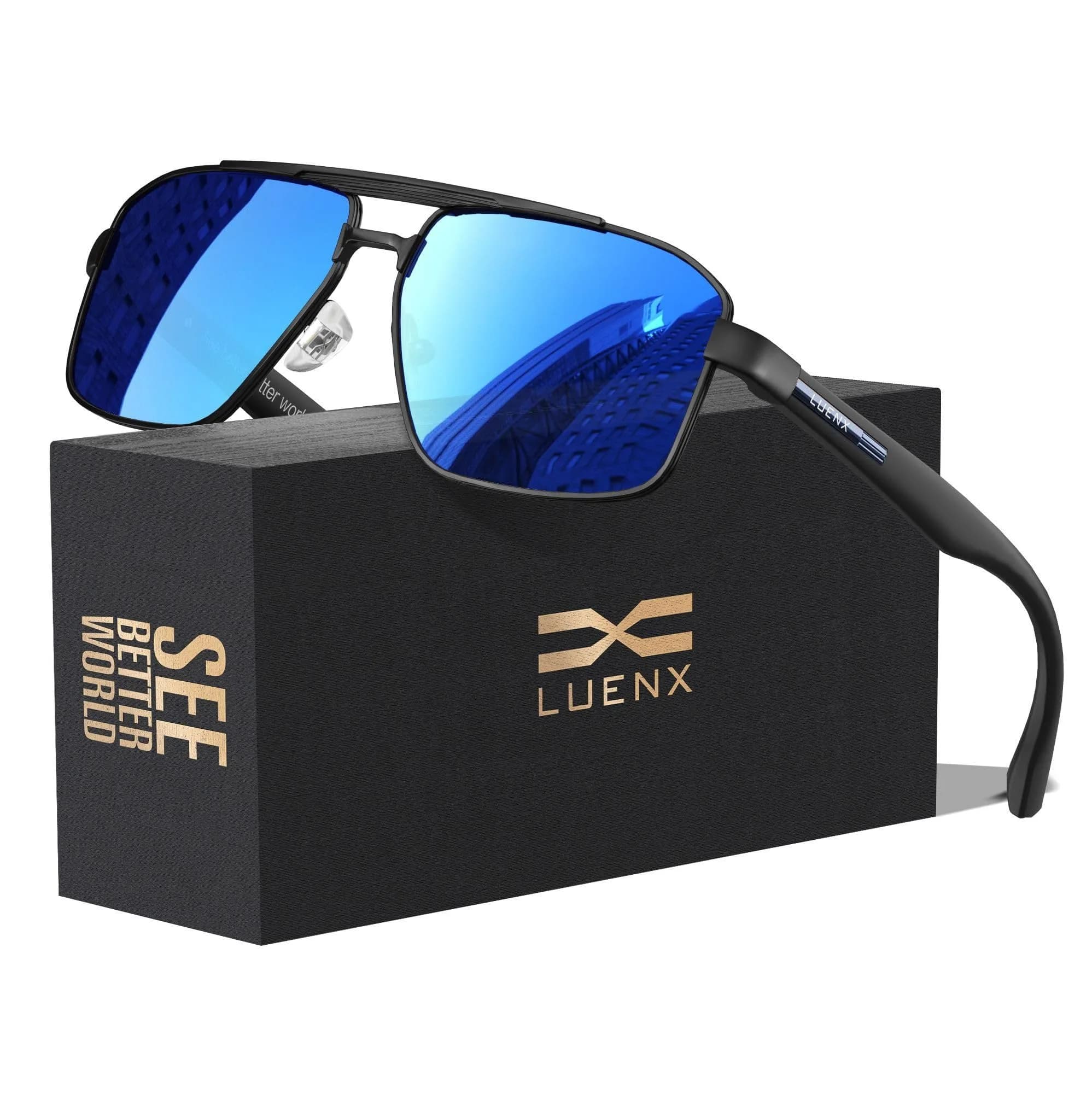 Luenx Polarized Aviator Sunglasses for Men & Women | 60mm Square UV400 Driving — Dark Blue Lens/Black Frame