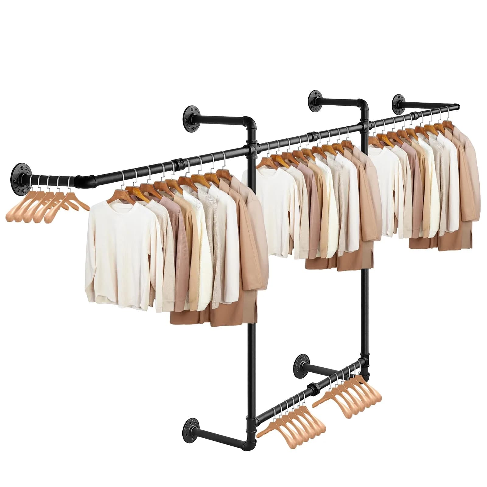 Livabber Industrial Pipe Clothes Rack 2 Tier 82 Inch Black | Heavy Duty Wall Mounted Garment Organizer