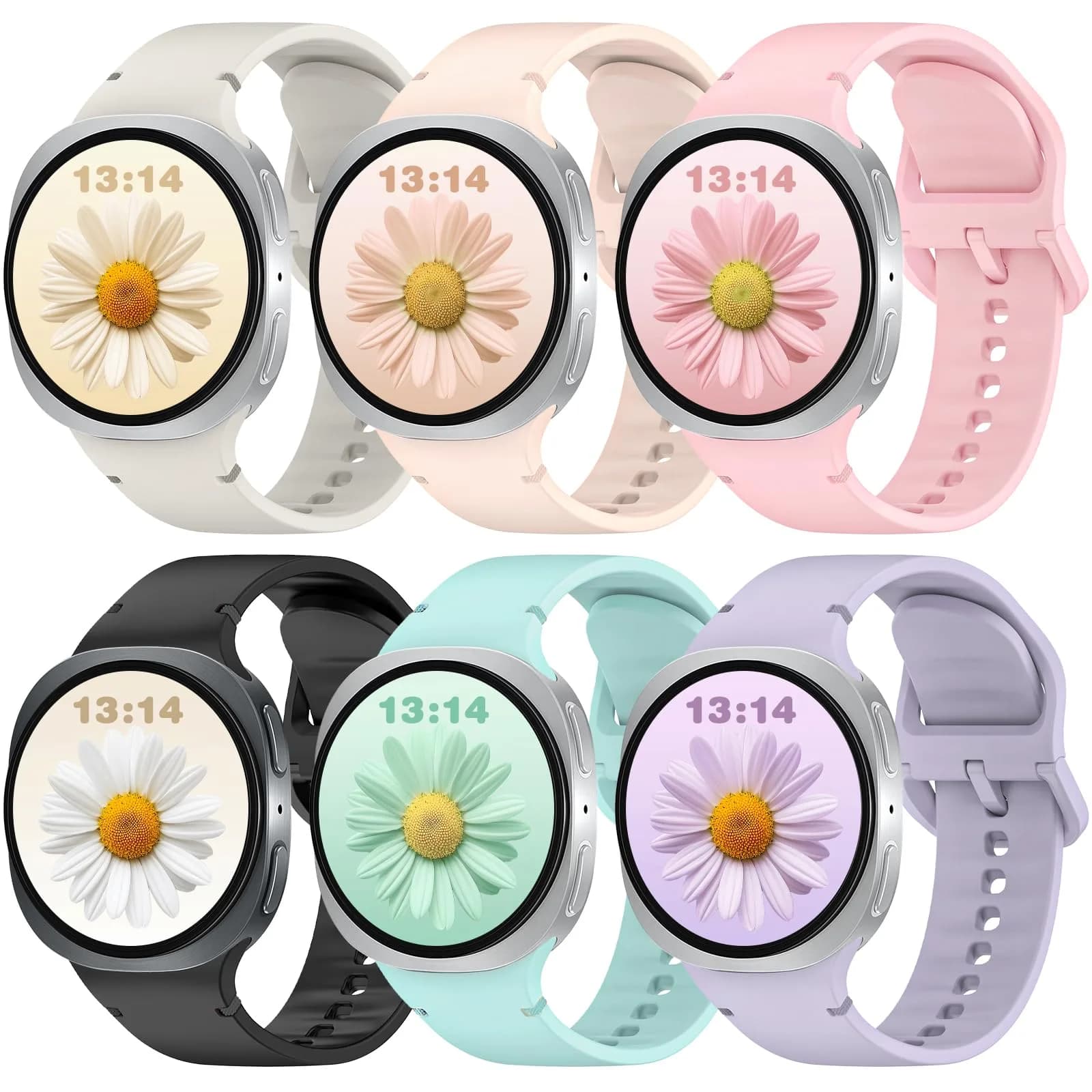 BandRain 6 Pack Silicone Sport Bands for Samsung Galaxy Watch 9/8/8 Classic 40mm 44mm 46mm | Breathable & Waterproof — Black+Pink+Mint Green+Purple+Sand Pink+Starlight