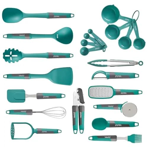 Pyrex 22-Piece Kitchen Utensil Set with Soft-Touch Handles & Heat-Resistant Tools | 22-Piece Set, Teal thumbnail 1