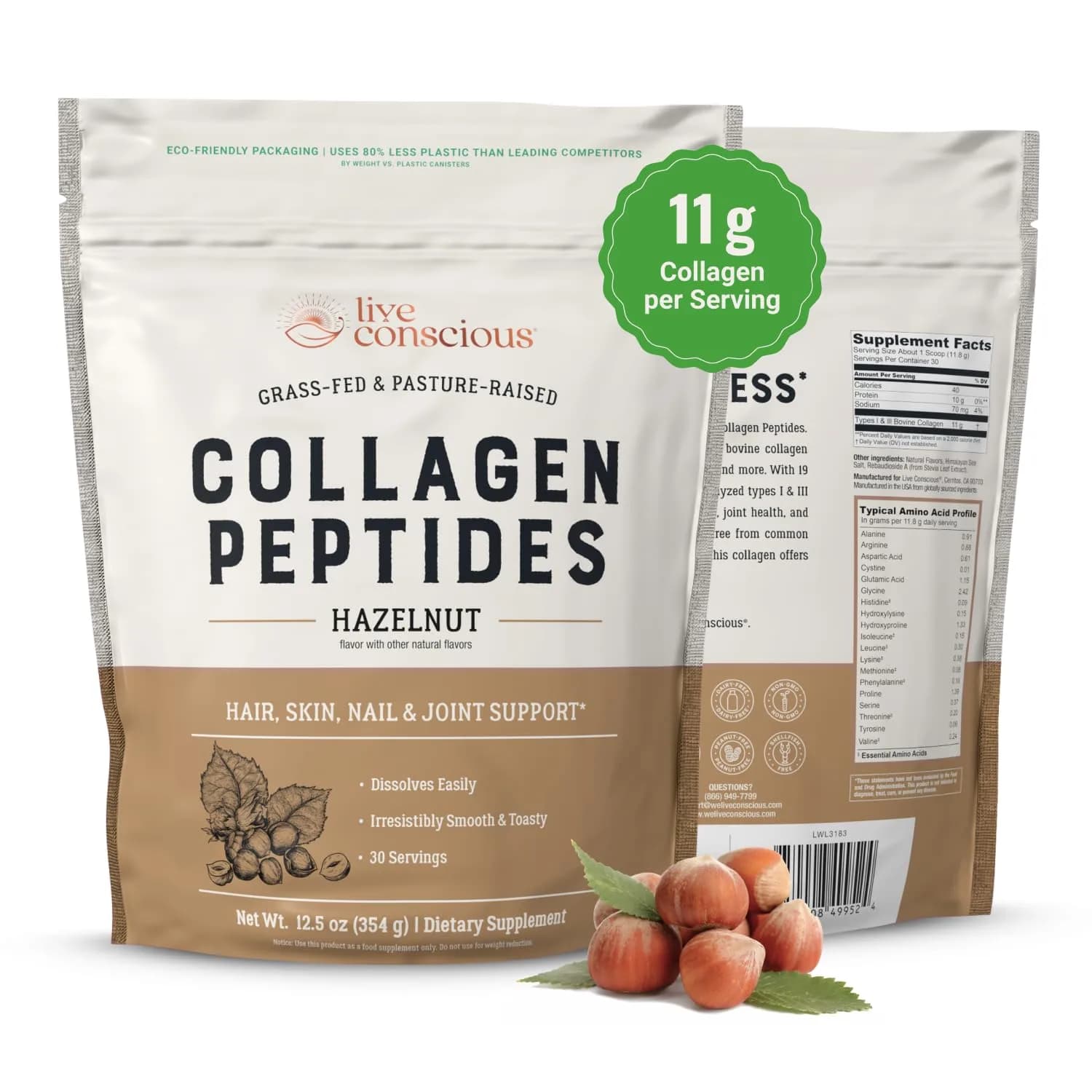 Live Conscious Collagen Peptides Powder Hazelnut 12.4oz (353g) | Type I & III Grass-Fed Bovine Protein for Skin, Hair, Nails & Joints