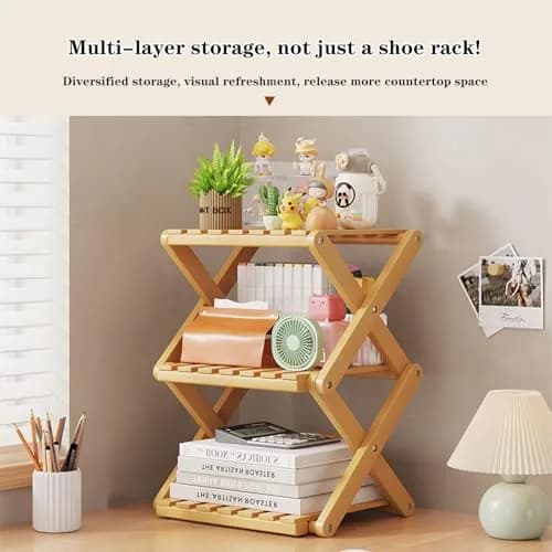 Akloya 3-Tier Folding Shoe Rack 27cm x 26cm x 39cm | Natural Bamboo, Space-Saving Design thumbnail 4